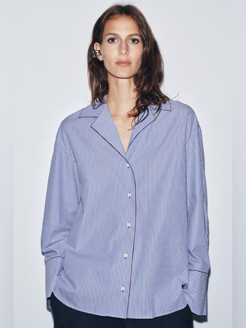 Zara ZW Collection Contrast Trim Striped Button-Up Shirt